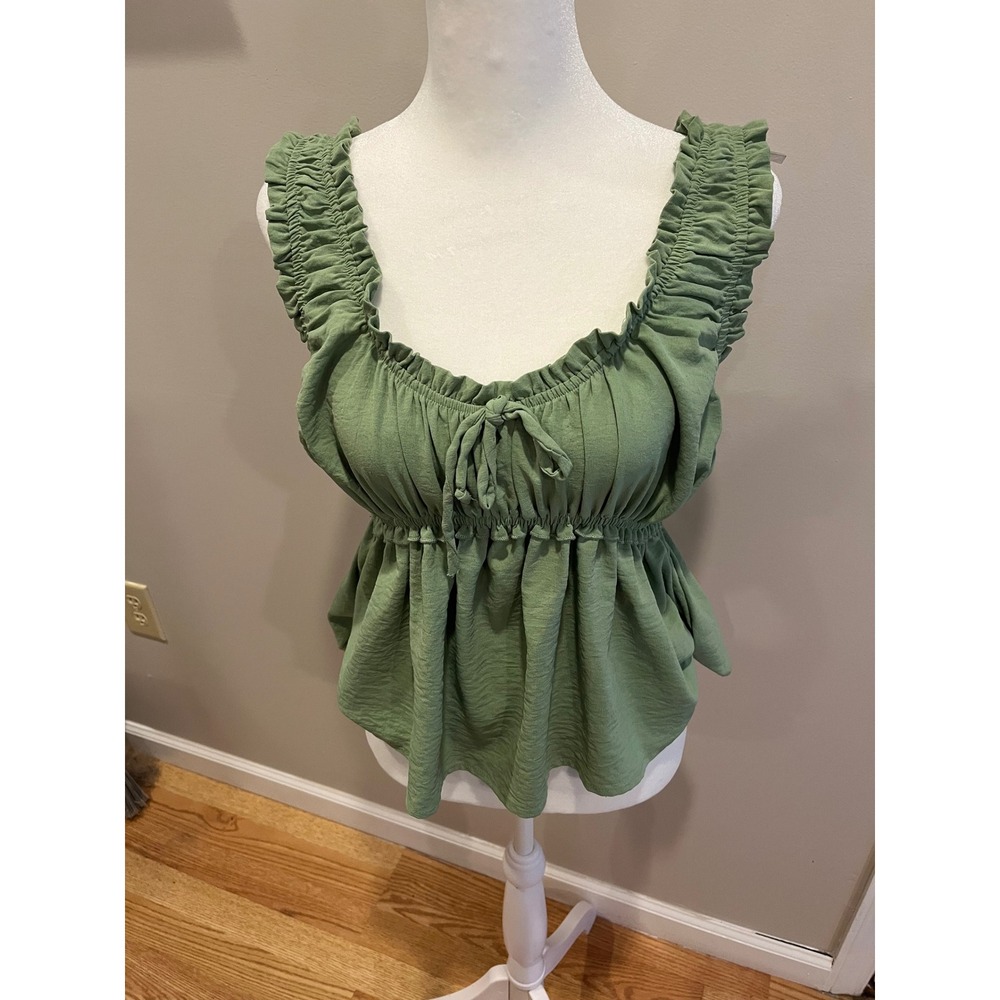 Velvet Moon Sage Green Ruffle Peplum Top Sleeveless Low Back Tie Front Large